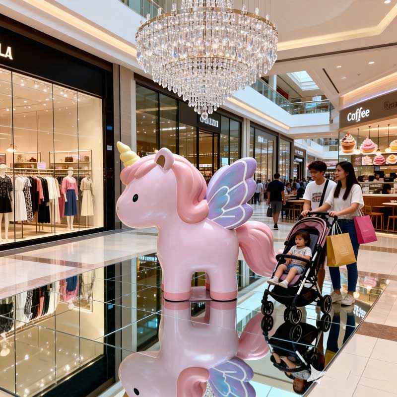 Outdoor fiberglass unicorn sculpture with glossy finish