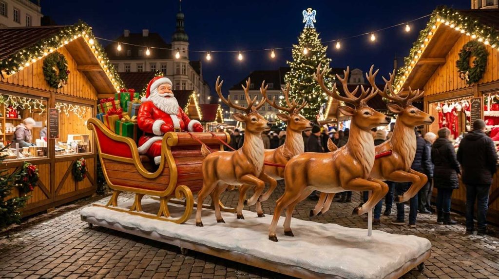 Christmas fiberglass sculpture featuring Santa Claus and reindeer display
