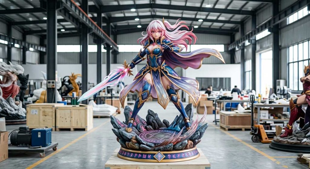 Close-up-of-Tolili-Anime-Fiberglass-Sculpture-detailing-vibrant-colors-and-costume-textures