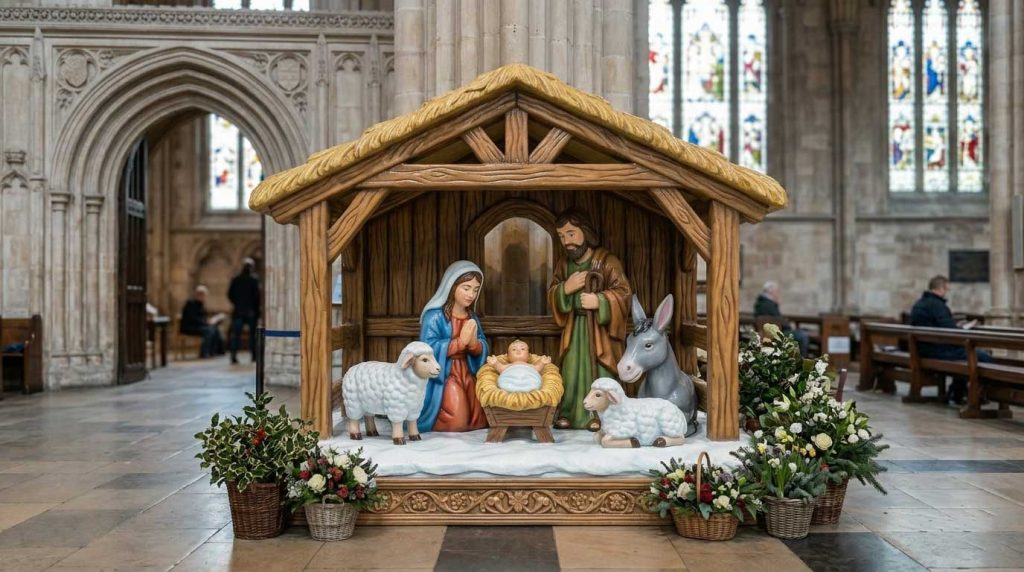Collection of Christmas fiberglass sculptures including Santa, tree, and decorations