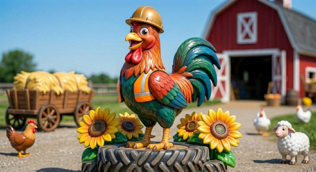 Collection of farm fiberglass sculptures including cow, horse, and sheep