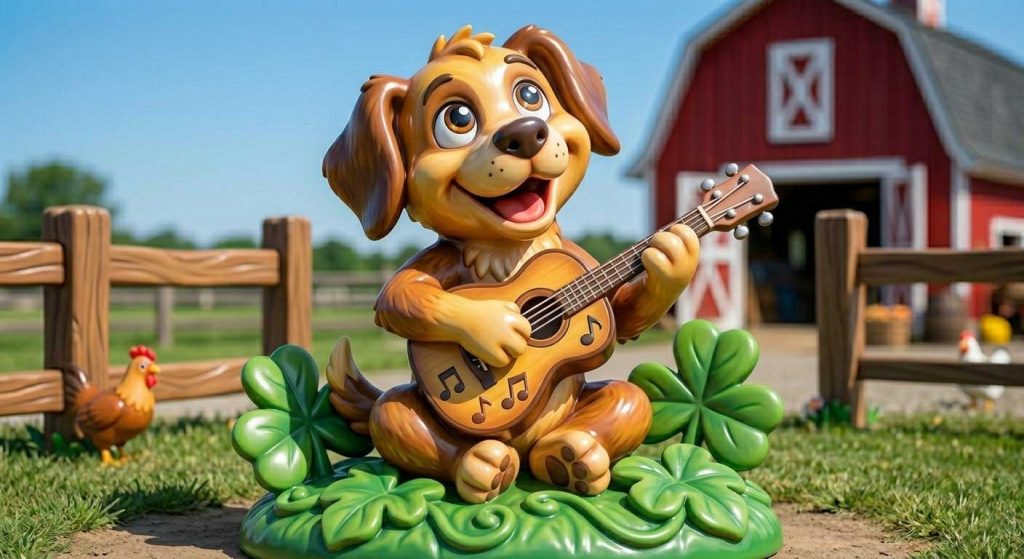 Collection of farm fiberglass sculptures including cow, horse, and sheep