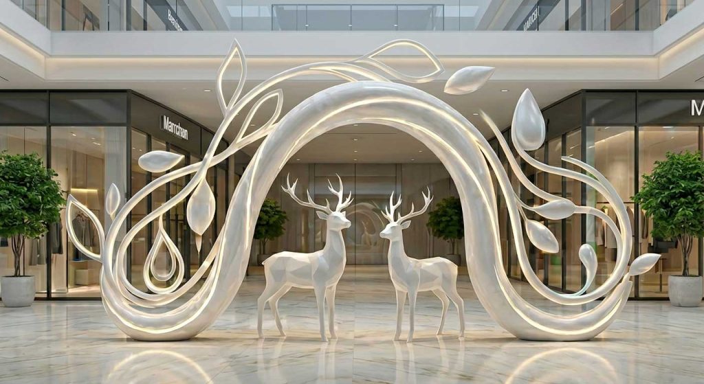 Commercial fiberglass sculpture in shopping mall creating visual attraction