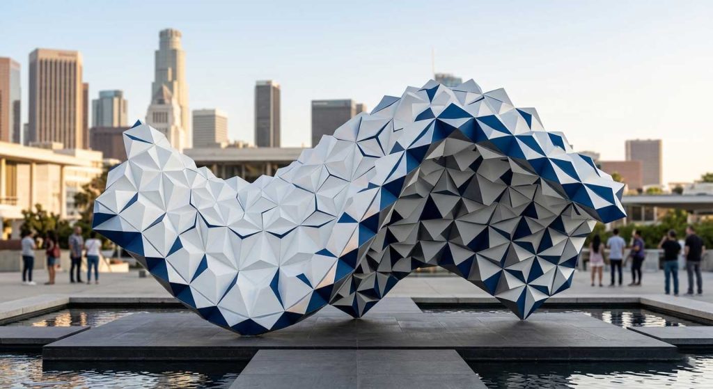 Custom geometric fiberglass sculpture installation with large abstract structure