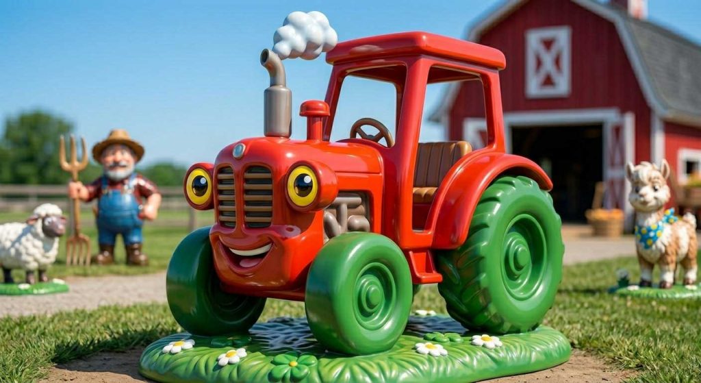 Farm fiberglass sculptures displayed in outdoor park attracting visitors