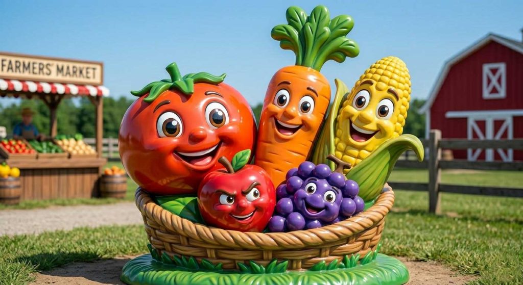 Farm fiberglass sculptures displayed in outdoor park attracting visitors