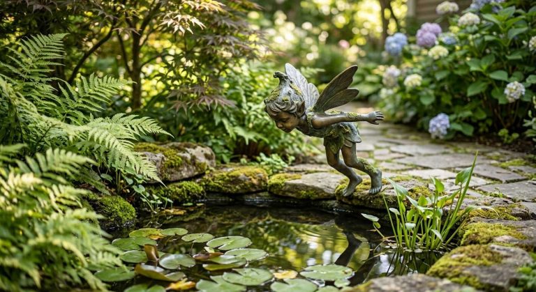 Garden fiberglass sculpture placed in landscaped outdoor garden with flowers