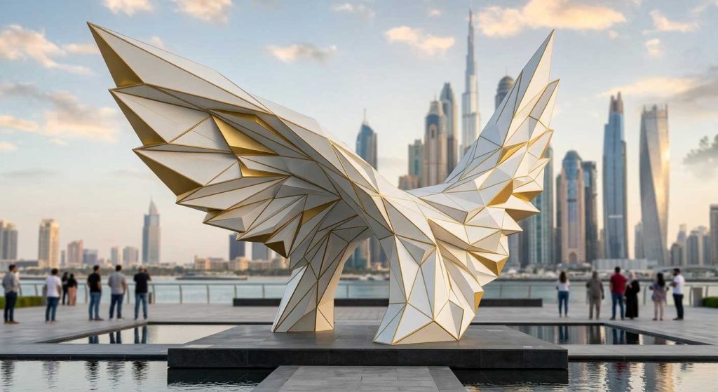 Geometric fiberglass sculpture with abstract angular design in modern outdoor plaza