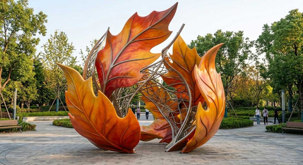 Irregular art fiberglass sculpture with abstract geometric form in modern outdoor space