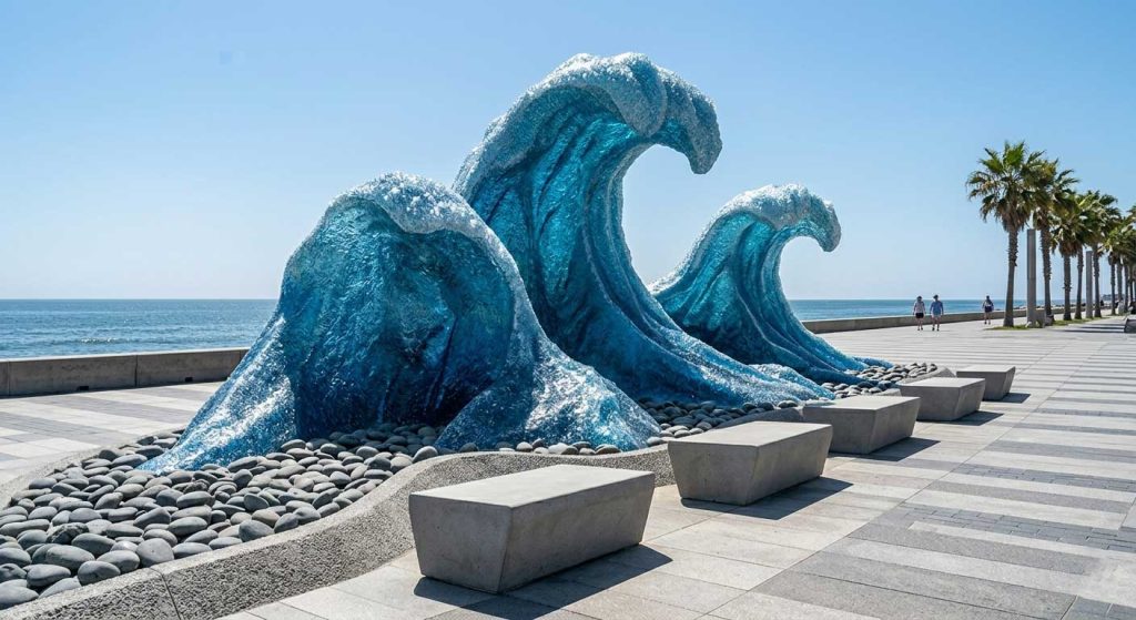 Irregular fiberglass sculpture installed in commercial plaza attracting visitors