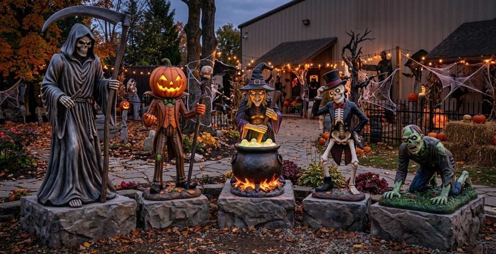 ife-size Halloween fiberglass sculpture featuring pumpkin and ghost display