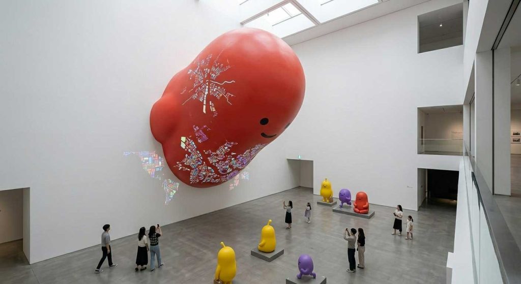 SML style fiberglass sculpture attracting visitors at exhibition