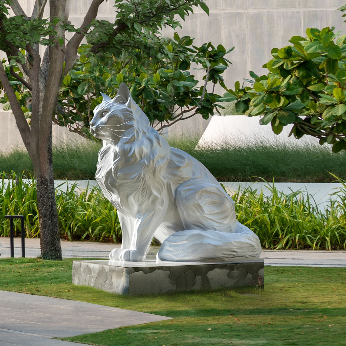 Modern white fibreglass cat sculpture in garden setting