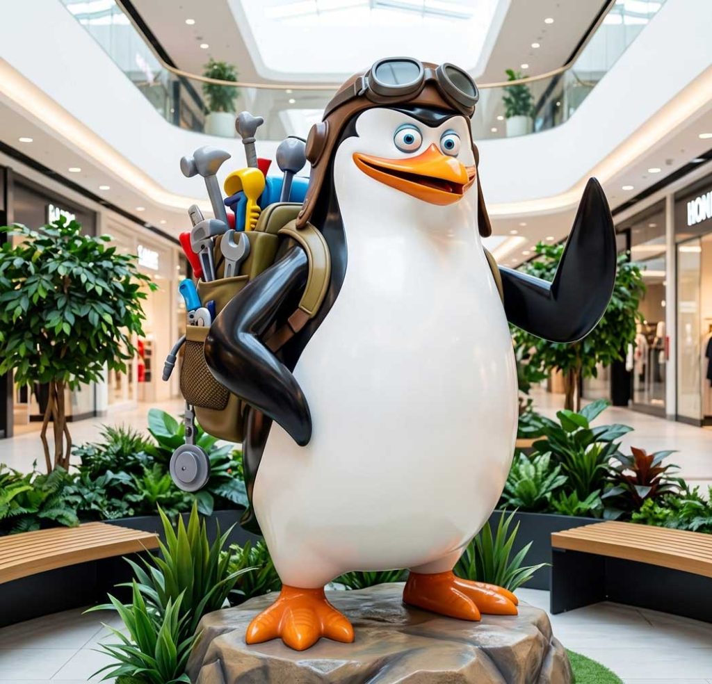 Close-up of penguin fiberglass sculpture showing smooth finish and detailed painting