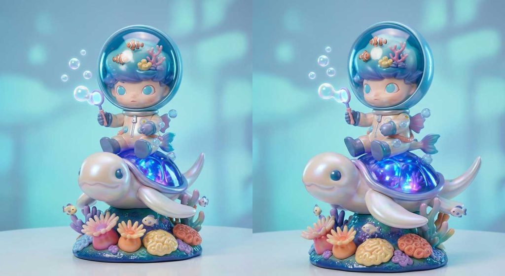 Collection of DIMOO style fiberglass sculptures in various artistic designs