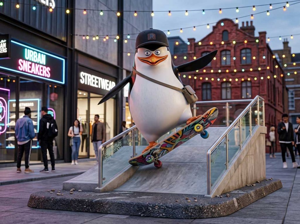 Collection of penguin fiberglass sculptures in various commercial installations