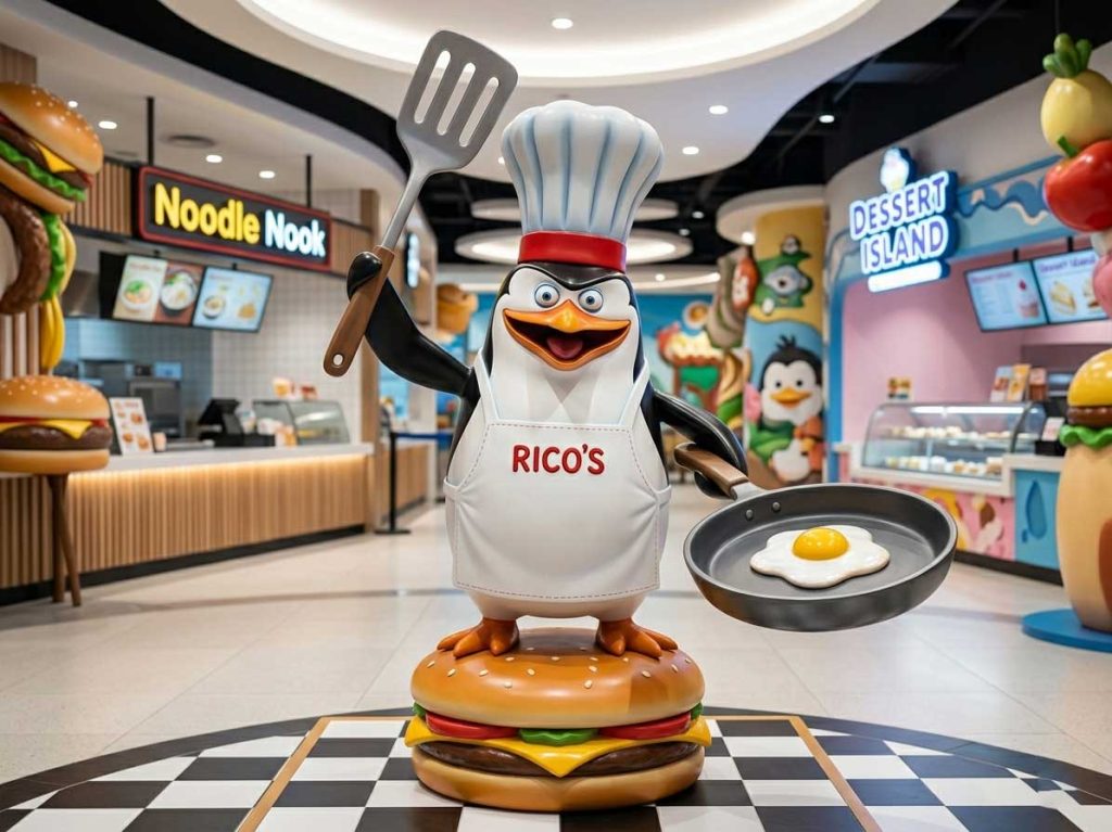Cute penguin fiberglass sculpture displayed in modern commercial space