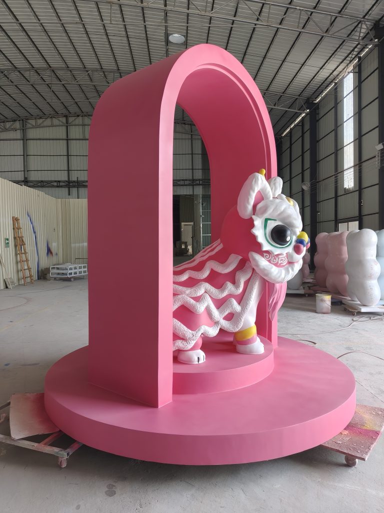 Custom lion dance fiberglass sculpture in large cultural installation
