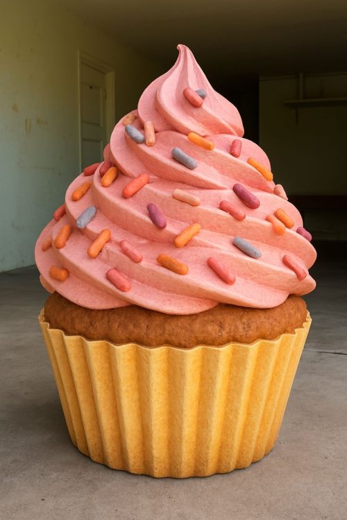 Giant cupcake sculpture installation pink frosting pop art