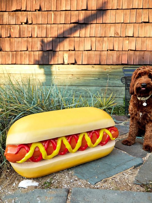 Giant hot dog sculpture installation pop art display
