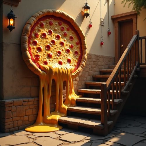 Giant melting pizza wall sculpture installation art