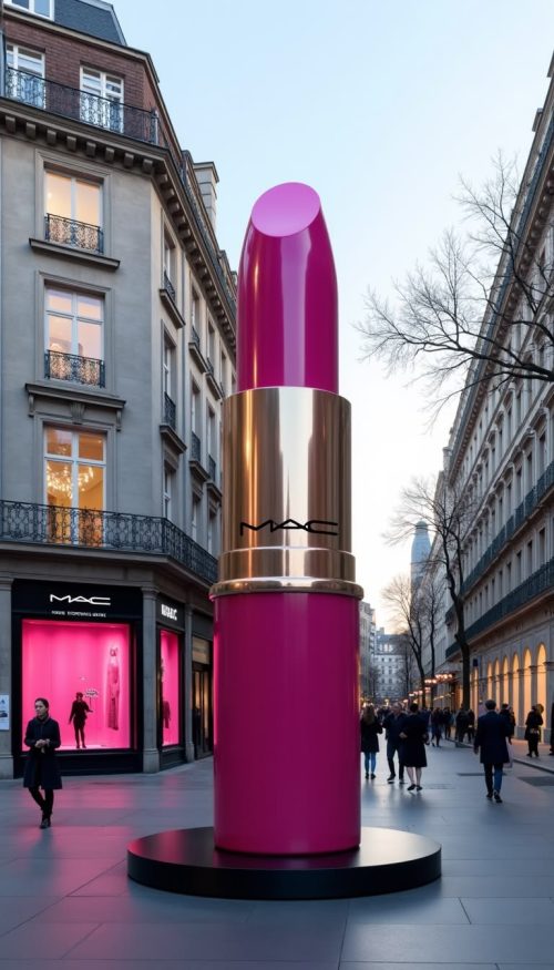 Giant pink lipstick sculpture with gold band by Tolili on a city pedestrian street