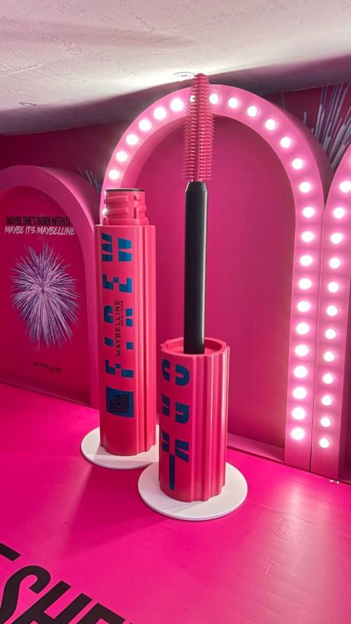Giant pink mascara wand and tube sculpture prop by Tolili