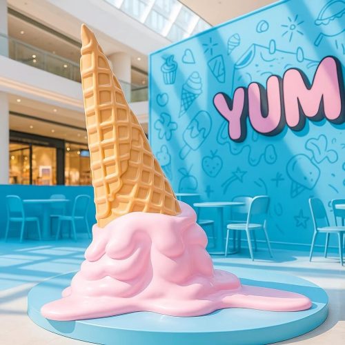 Pink melting ice cream display sculpture