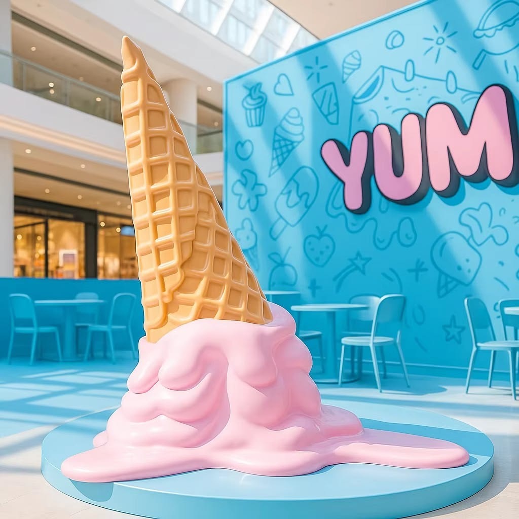 Pink melting ice cream display sculpture