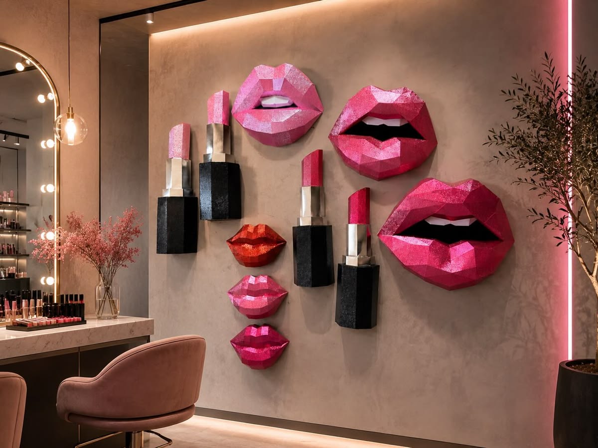 Tolili 3D geometric fiberglass lips wall decor in a beauty salon