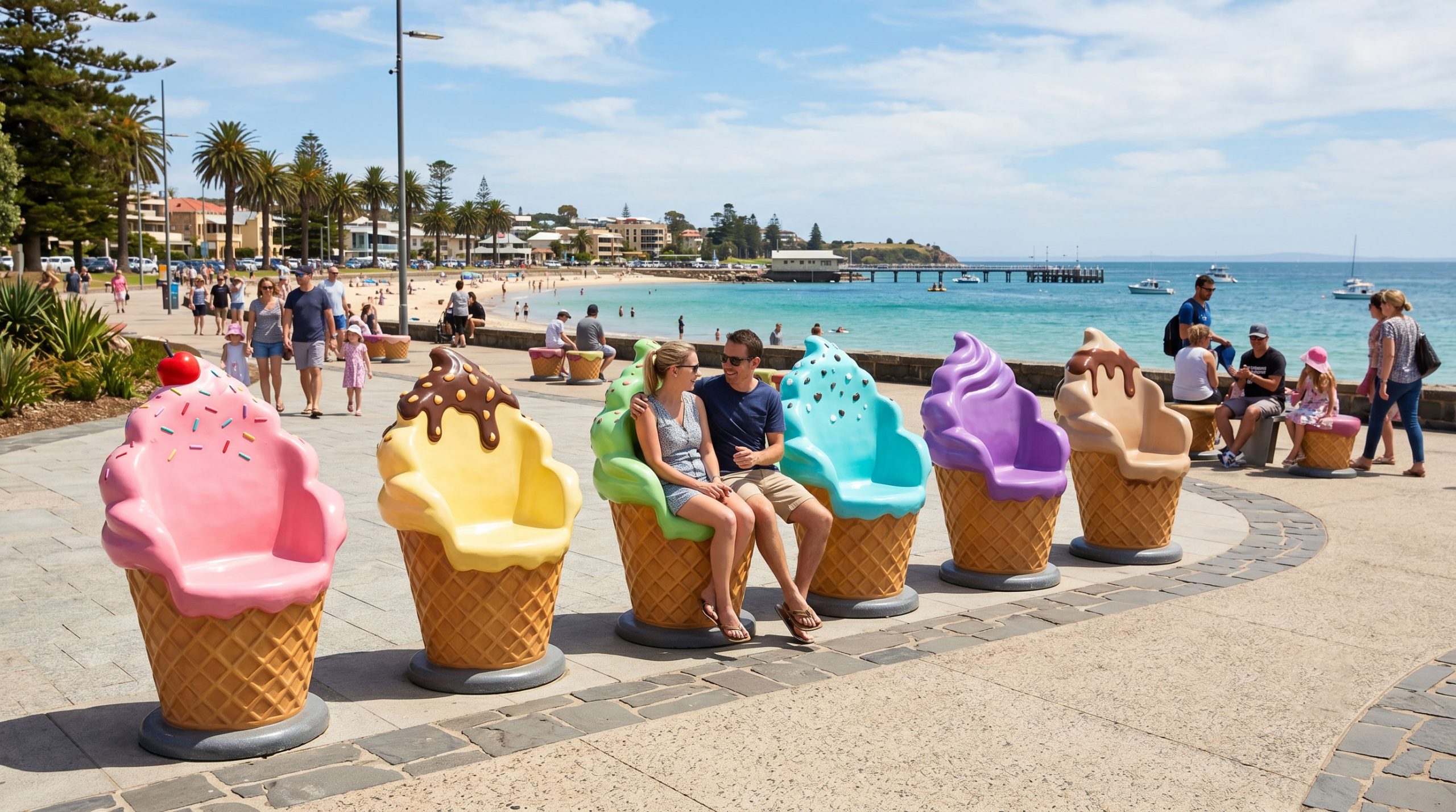 Tolili ice cream bench sculpture seaside installation