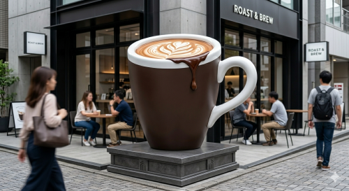 coffee cup landmark sculpture, giant coffee display, café attraction sculpture