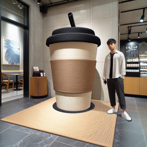 giant coffee cup sculpture, oversized coffee cup display, café landmark sculpture