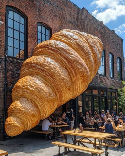 giant croissant mascot sculpture outside café storefront