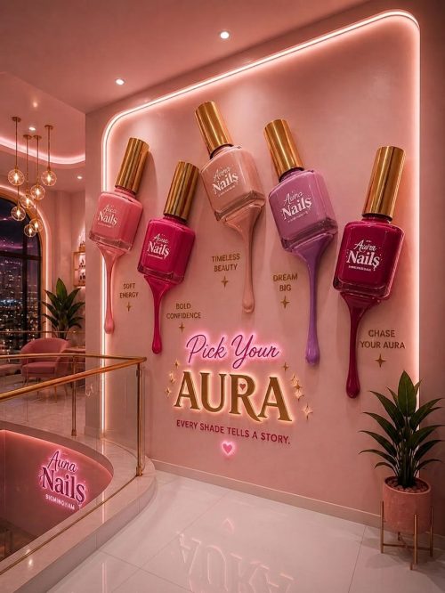 giant nail polish bottle wall installation for nail salon beauty studio display by Tolili