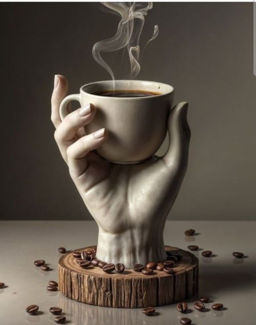 hand holding coffee cup sculpture