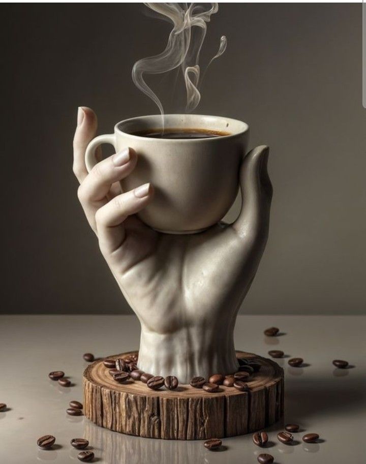 hand holding coffee cup sculpture
