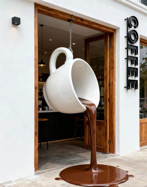 oversized coffee mug sculpture, giant mug display, coffee branding sculpture